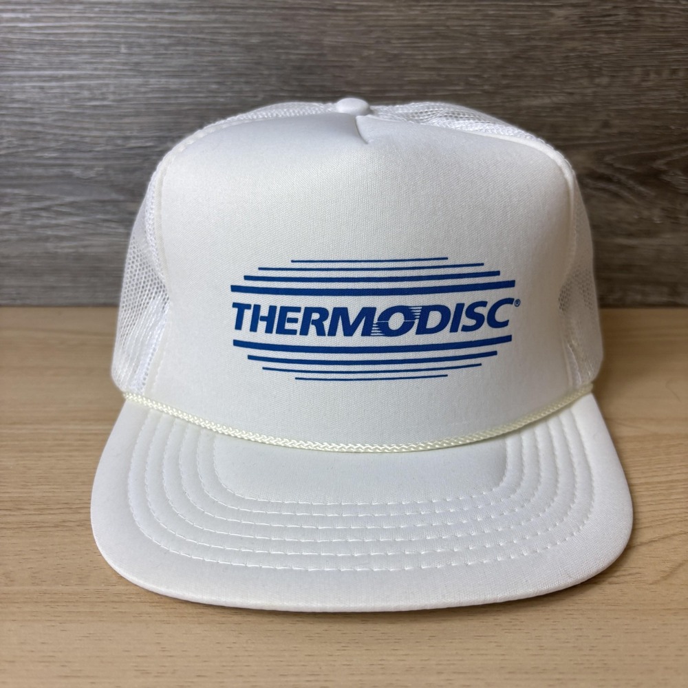 Vintage Thermodisc Hat Cap Snap Back White Blue Trucker Mesh Rope Mens